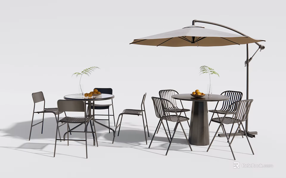 Modern Outdoor Table and Chair Sets With Round Tables Fruits Plants and Umbrella 3d model 