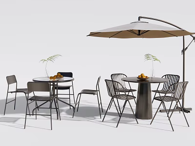 Modern Outdoor Table and Chair Sets With Round Tables Fruits Plants and Umbrella 3d model