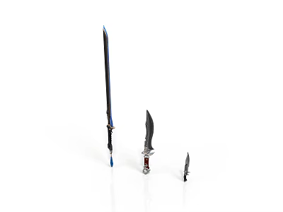 Three Different Sizes of Knives Arranged on White Background with Sharp Blades 3d model