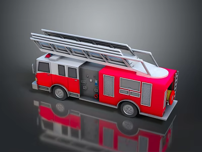 Red and White Fire Truck with Ladder and Reflective Surface in 3D Render 3d model