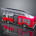 Red and White Fire Truck with Ladder and Reflective Surface in 3D Render
