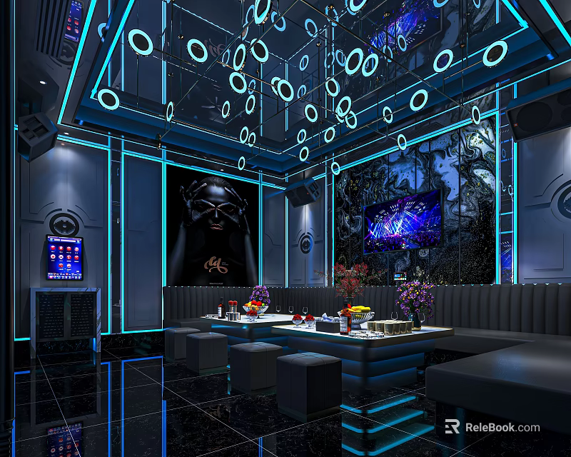 Modern KTV Room Interior Design With Blue Lighting Sofa TV Bar Counter And Futuristic Decor 3d model 