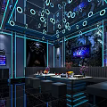 Modern KTV Room Interior Design With Blue Lighting Sofa TV Bar Counter And Futuristic Decor