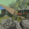 Detached Villa On Hillside With Glass Wooden Structure Trees Rocks And Terrace