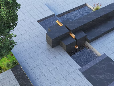 Modern Garden Ornament with Gray Paving Water Feature Black Stone Structures and Green Plants 3d model