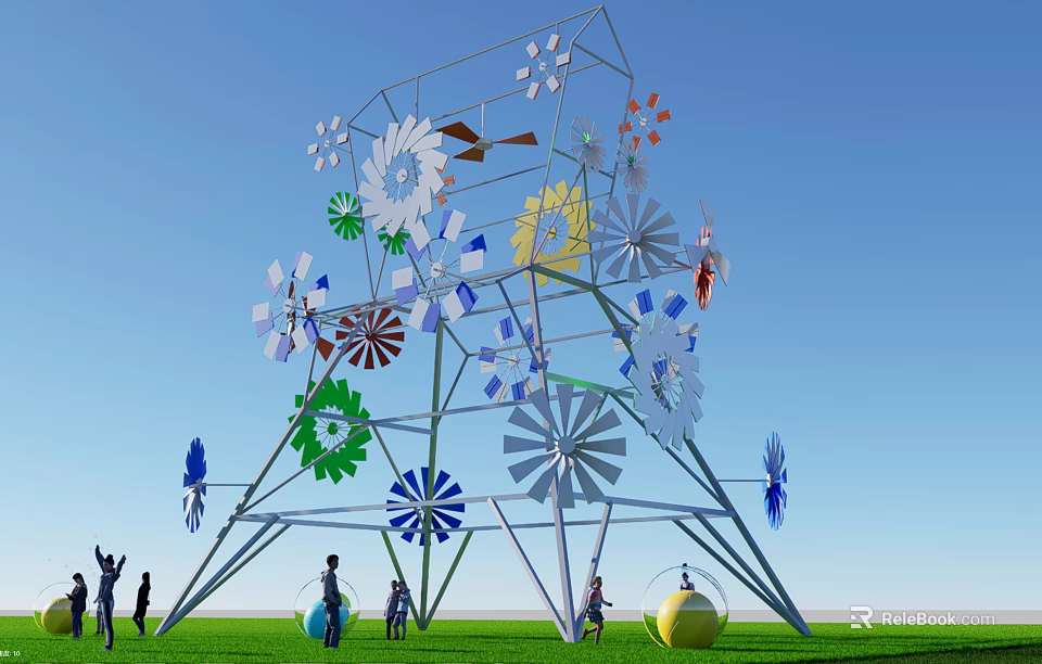 Scenic Metal Art Installation With Colorful Flowers And People On Green Grass Under Blue Sky 3d model 