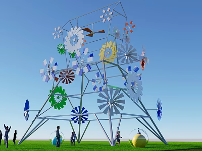 Scenic Metal Art Installation With Colorful Flowers And People On Green Grass Under Blue Sky 3d model