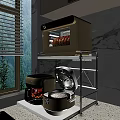 Modern Kitchen Storage Shelf With Microwave Rice Cooker Electric Kettle And Marble Wall