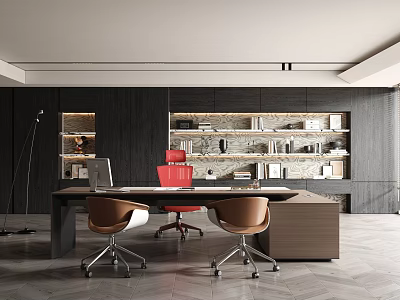 Modern Office Interior Featuring Dark Wooden Walls Bookshelves Large Desk Red Brown Chairs Herringbone Floor 3d model