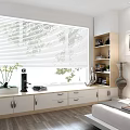 Modern Bedroom Interior With White Blinds Window Sill Cabinet And Decorative Elements 3d model