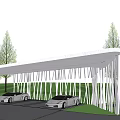 Modern White Pergola Structure With Luxury Sports Cars And Green Trees