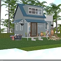 Cozy Blue And White Cottage With Palm Trees Lawn Outdoor Seating And Porch