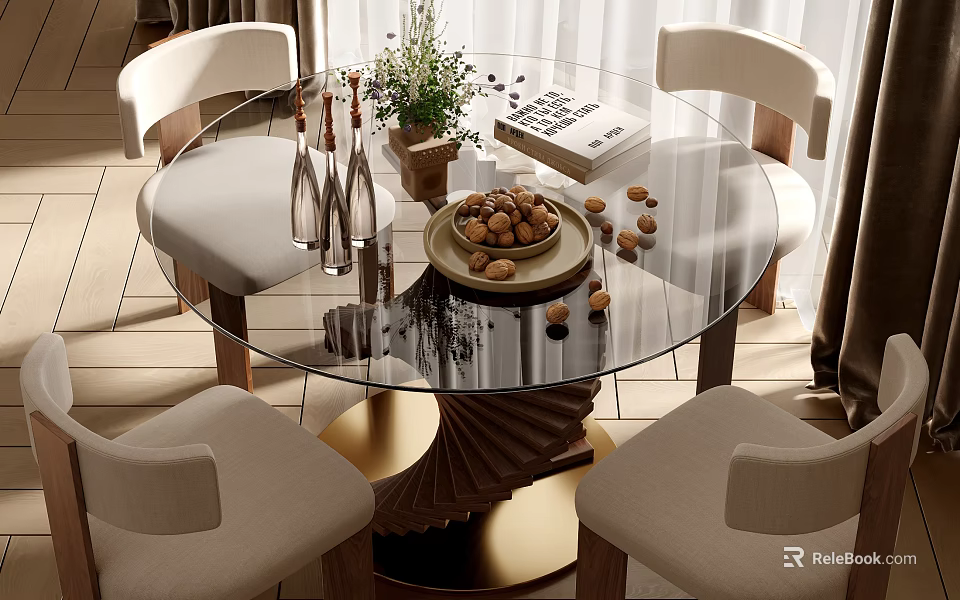 Modern Dining Table Set With Round Glass Top Beige Chairs And Spiral Base 3d model 