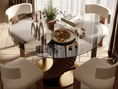 Modern Dining Table Set With Round Glass Top Beige Chairs And Spiral Base 3d model