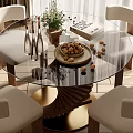 Modern Dining Table Set With Round Glass Top Beige Chairs And Spiral Base 3d model