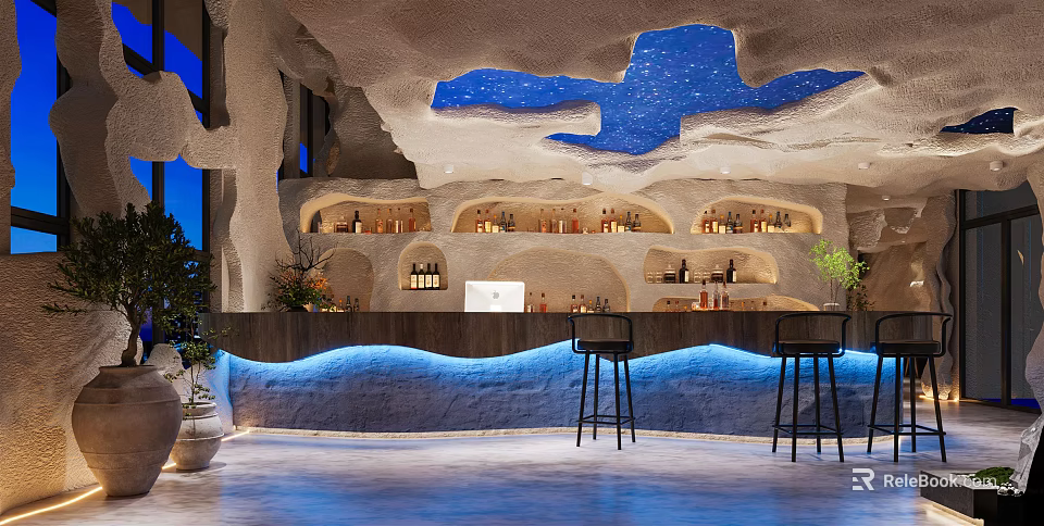 Unique Restaurant Interior Design With Cave Like Ceiling Blue Art Bar Counter And Black Stools 3d model 