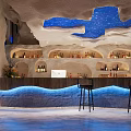 Unique Restaurant Interior Design With Cave Like Ceiling Blue Art Bar Counter And Black Stools