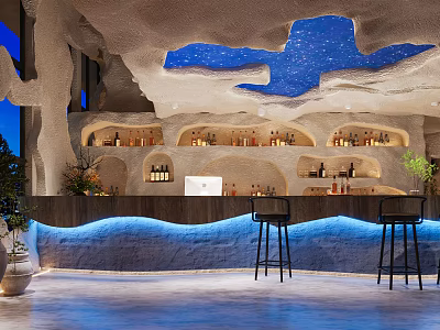 Unique Restaurant Interior Design With Cave Like Ceiling Blue Art Bar Counter And Black Stools 3d model