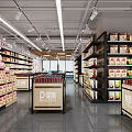 Well Stocked Supermarket Department Store With Shelves Beverages Dairy Products Wooden Ceiling And Windows