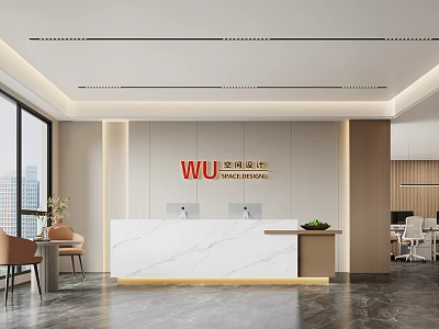 Modern Office Reception Desk With Marble Countertop Waiting Area Chairs And City View Windows 3d model