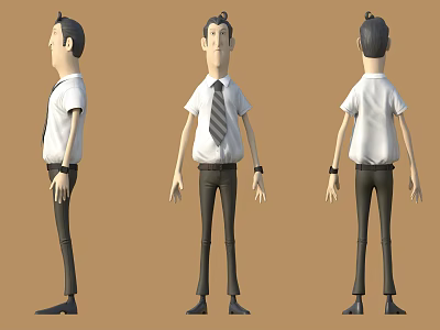 Cartoon Business Man in White Shirt Black Pants Tie Three Front Side and Back Views 3d model