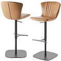 Modern Brown Leather Bar Stools With Pleated Backrest And Metal Base 3d model