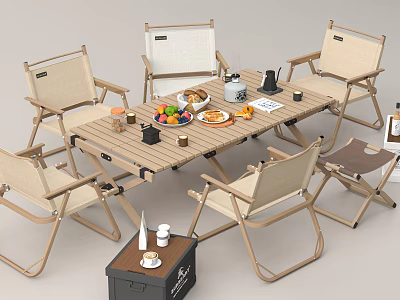 Outdoor Dining Table with Folding Chairs Fruits Plates Teapot and Cups 3d model