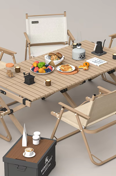 Outdoor Dining Table with Folding Chairs Fruits Plates Teapot and Cups 3d model