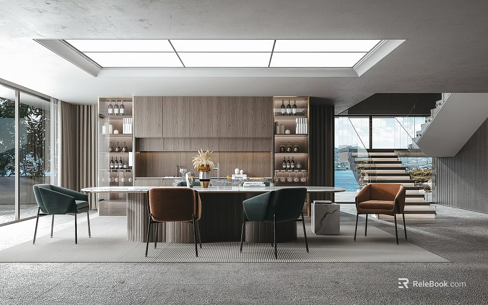 Modern Restaurant Interior With Open Layout Wooden Dining Table And Stylish Chairs 3d model