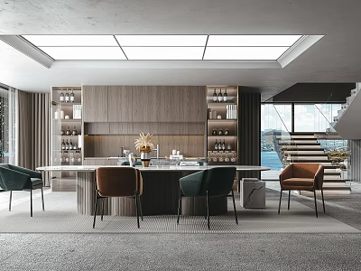 Modern Restaurant Interior With Open Layout Wooden Dining Table And Stylish Chairs 3d model