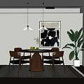 Modern Restaurant Interior With Open Design Wooden Dining Table Pendant Lights And Green Plants
