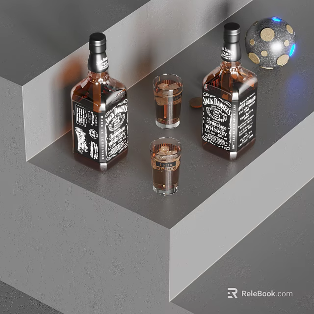 Labeled Liquor Bottles And Glasses With Amber Liquid On Modern Gray Countertop 3d model 