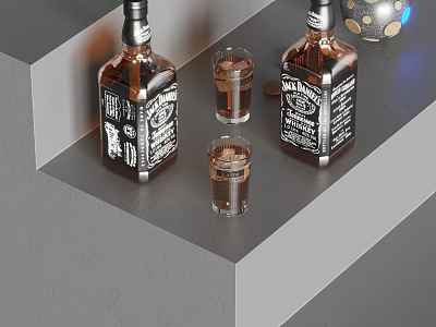 Labeled Liquor Bottles And Glasses With Amber Liquid On Modern Gray Countertop 3d model