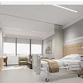 Modern Hospital Outpatient Room With Bed Medical Equipment Large Windows And Decorative Painting