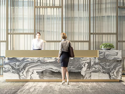 Modern Hotel Lobby With Elegant Reception Desk Marble Countertop Grille Screen Staff Assisting Guest 3d model