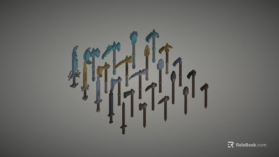 Assorted Weapons Collection Featuring Swords Axes Hammers in Diverse Colors Radial Arrangement 3d model 