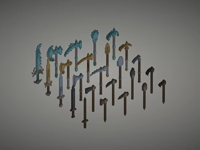 Assorted Weapons Collection Featuring Swords Axes Hammers in Diverse Colors Radial Arrangement 3d model