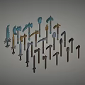 Assorted Weapons Collection Featuring Swords Axes Hammers in Diverse Colors Radial Arrangement