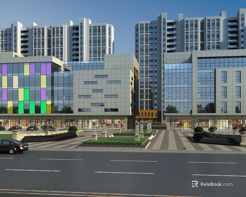 Modern Commercial Street Featuring High Rise Buildings Colorful Facades Green Spaces And Plaza 3d model 