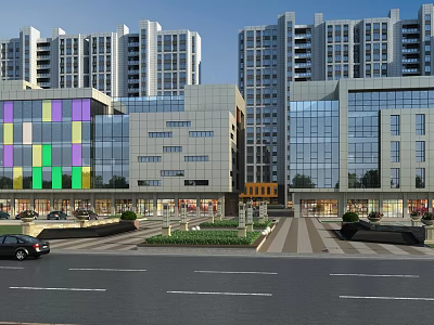 Modern Commercial Street Featuring High Rise Buildings Colorful Facades Green Spaces And Plaza 3d model