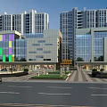 Modern Commercial Street Featuring High Rise Buildings Colorful Facades Green Spaces And Plaza