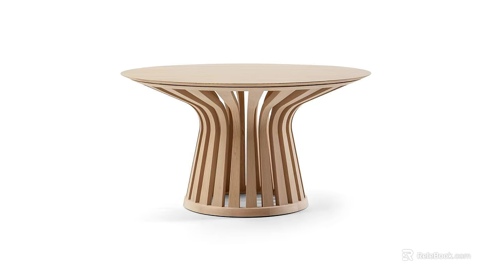 Stylish Wooden Coffee Table With Round Top And Curved Slats Base Design 3d model 