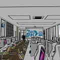 Public Office Space With Multiple Computers Desks Chairs Projection Screen And Large Windows 3d model