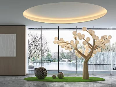 Modern Interior With Decorative Tree Spherical Lights Circular Ceiling And Floor To Ceiling Windows 3d model