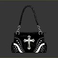 Stylish Black Handbag With Cross Ornament And Silver Decorative Straps