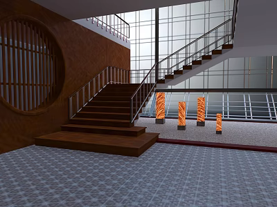 Modern Hall Interior With Wooden Circular Wall Staircase Metal Railings And Orange Columns 3d model