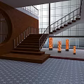 Modern Hall Interior With Wooden Circular Wall Staircase Metal Railings And Orange Columns