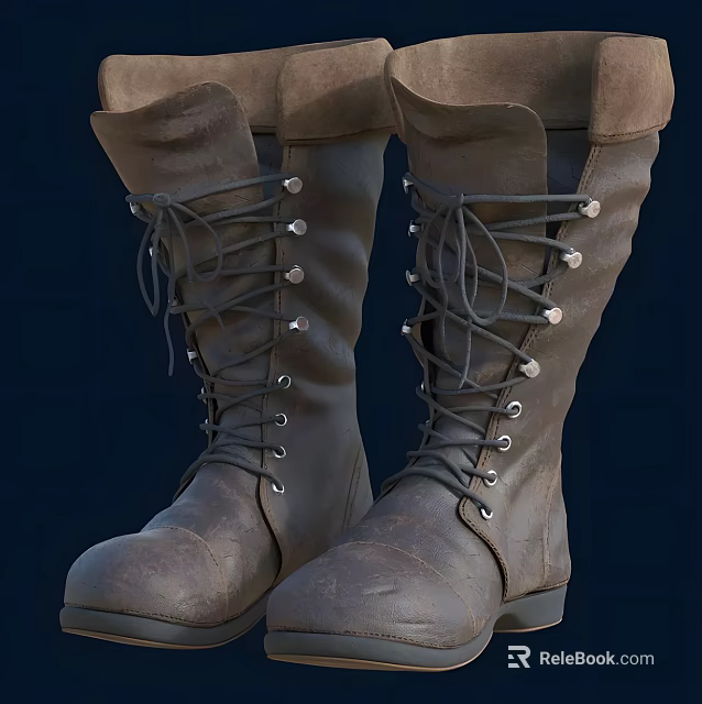 Brown Leather Tall Boots With Lace Up Design And Metal Eyelets 3d model 
