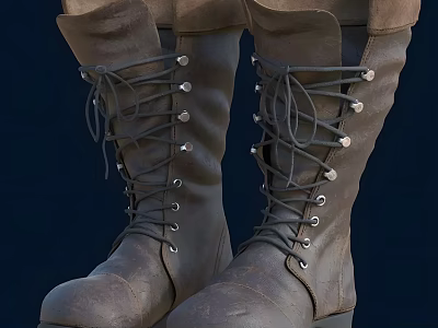 Brown Leather Tall Boots With Lace Up Design And Metal Eyelets 3d model