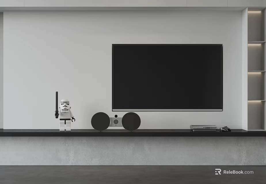 Modern TV Stand with Black Screen Robot Model Circular Speakers and Electronic Devices 3d model 